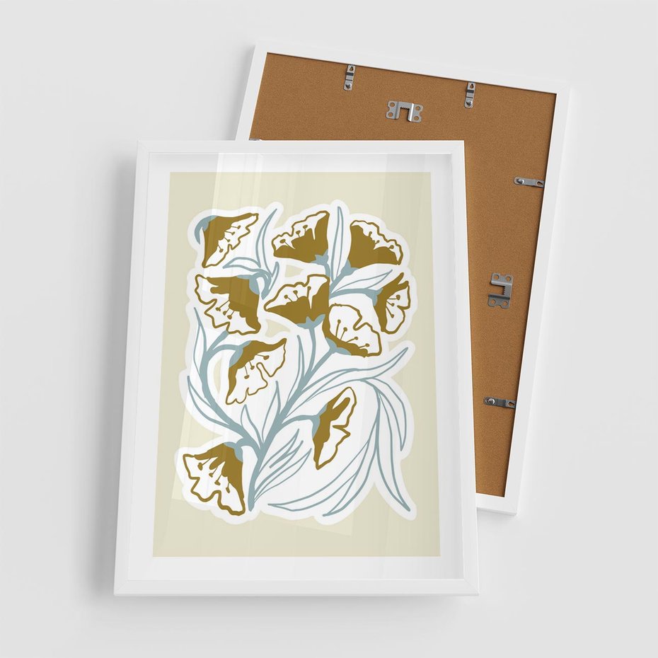 Plakat w ramie 50x70 - Wibracje Widzenia - abstrakcyjne beżowe kwiaty, elegancka kompozycja - rama biała