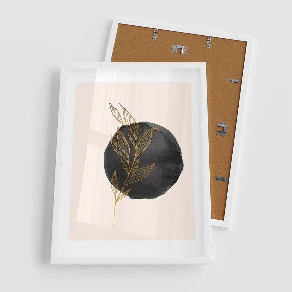 Plakat w ramie 50x70 - Złota Gałązka na Tle Akwarelowej Ciemności - złota gałązka, czarna plama akwarelowa w tle - rama biała