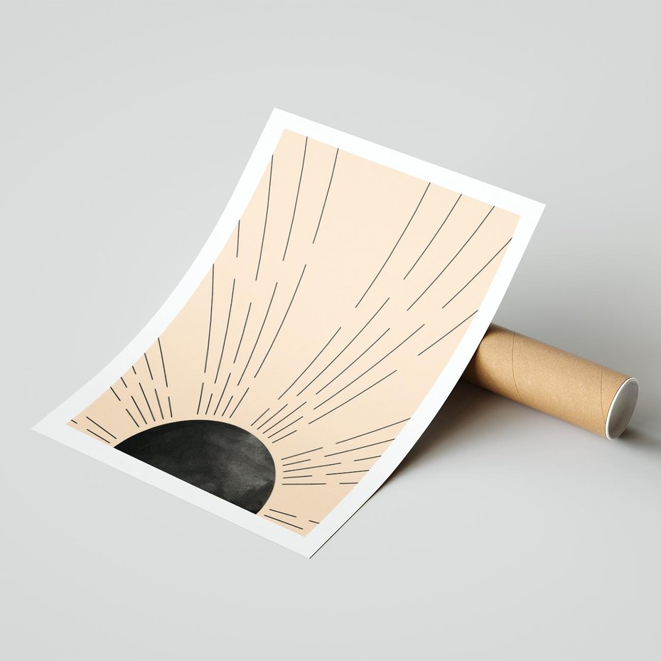 Plakat bez ramy 21x30 - Migocące Kształty Promieni - boho czarne słońce, nowoczesna grafika