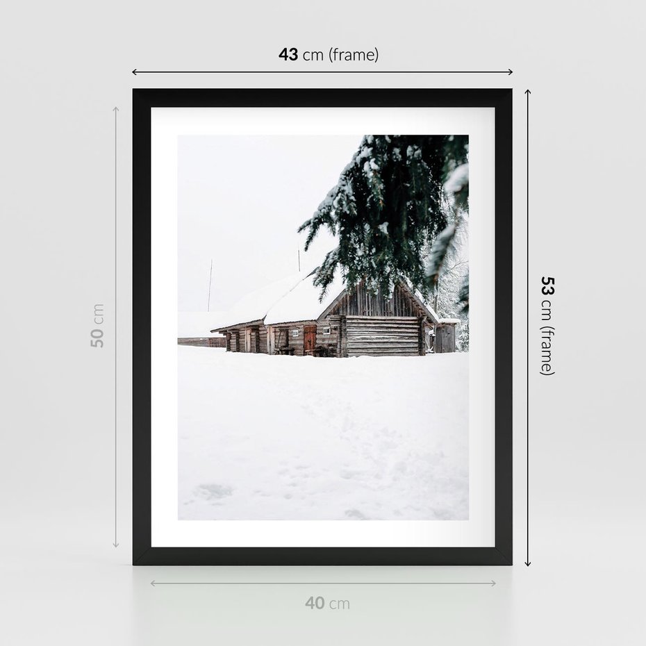Plakat w ramie 40x50 - Zimowy Azyl - domek w górach, śnieg - rama czarna