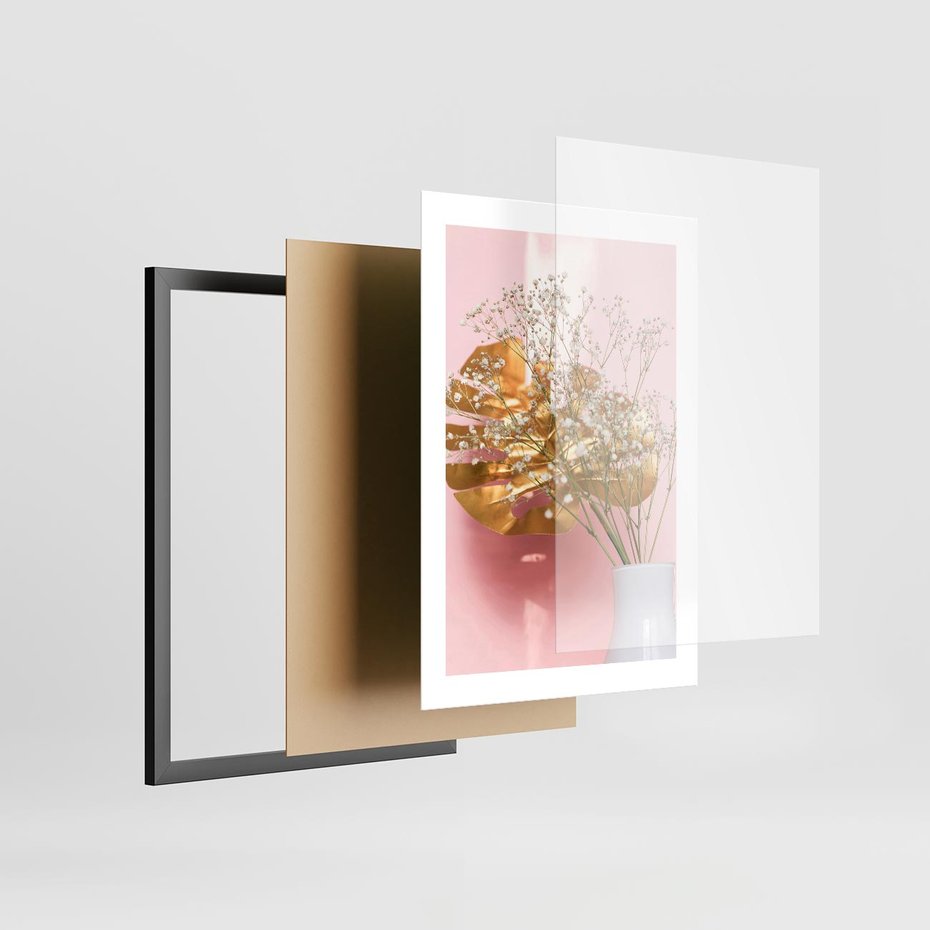Plakat w ramie 30x40 - Złoty Akcent - złoty liść montery, gipsówka - rama czarna