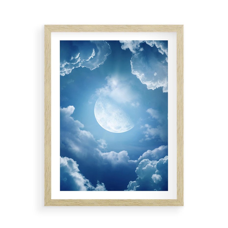 Plakat w ramie 50x70 - Księżycowe Chmury - księżyc, chmury - rama drewno