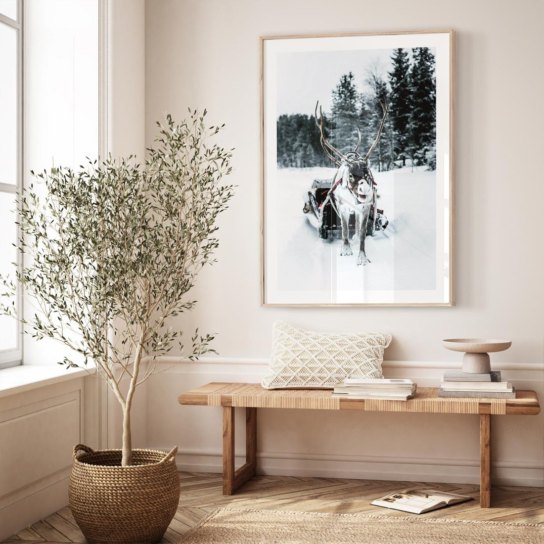 Plakat w ramie 40x50 - Świąteczna Przygoda - renifer, śnieg - rama drewno