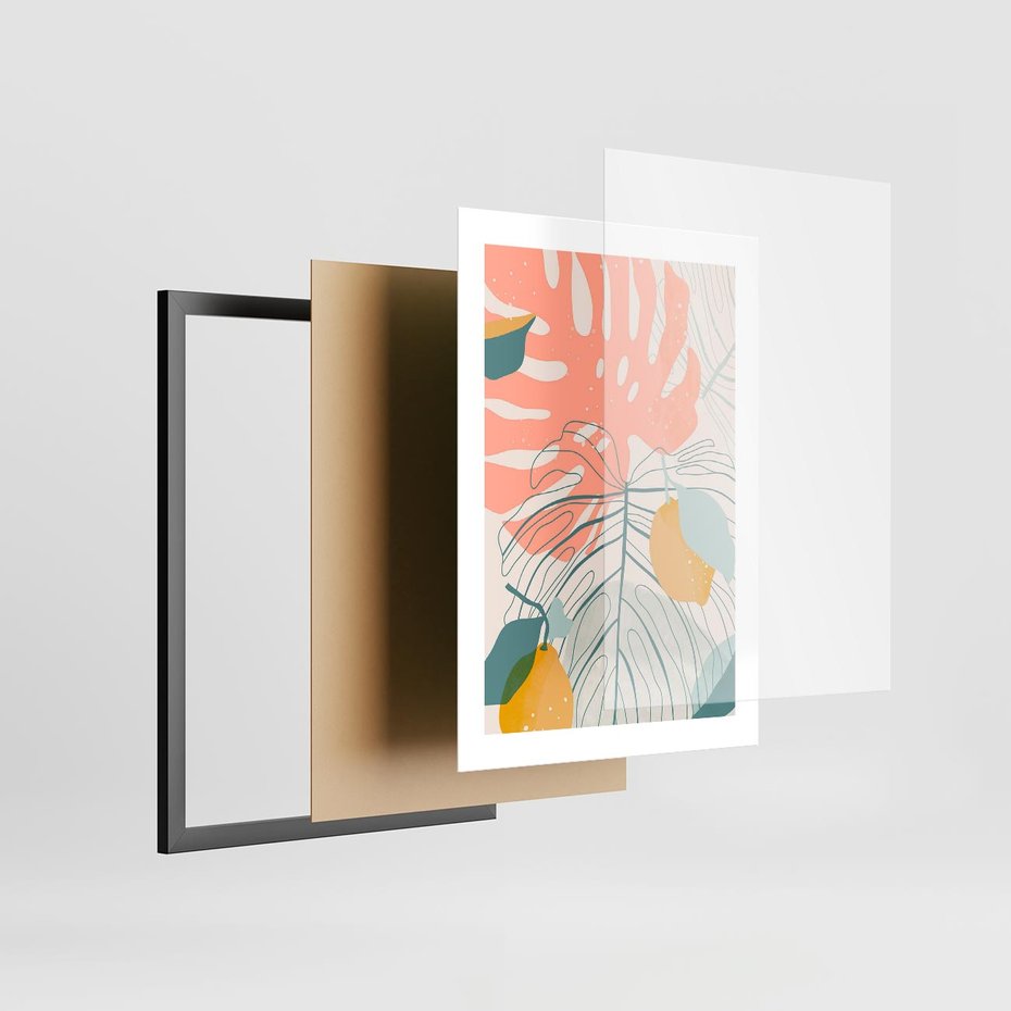 Plakat w ramie 30x40 - Sztuka Natury: Liście Monstery w Pastelach - nowoczesna grafika, pastelowe liście monstery - rama czarna