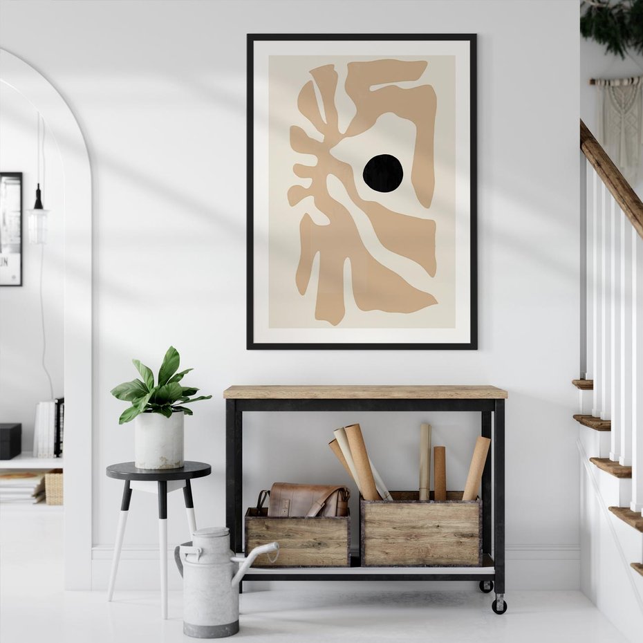 Plakat bez ramy 21x30 - Eksploracja Abstrakcji - beżowa absrakcyjna kompozycja, czarny akcent