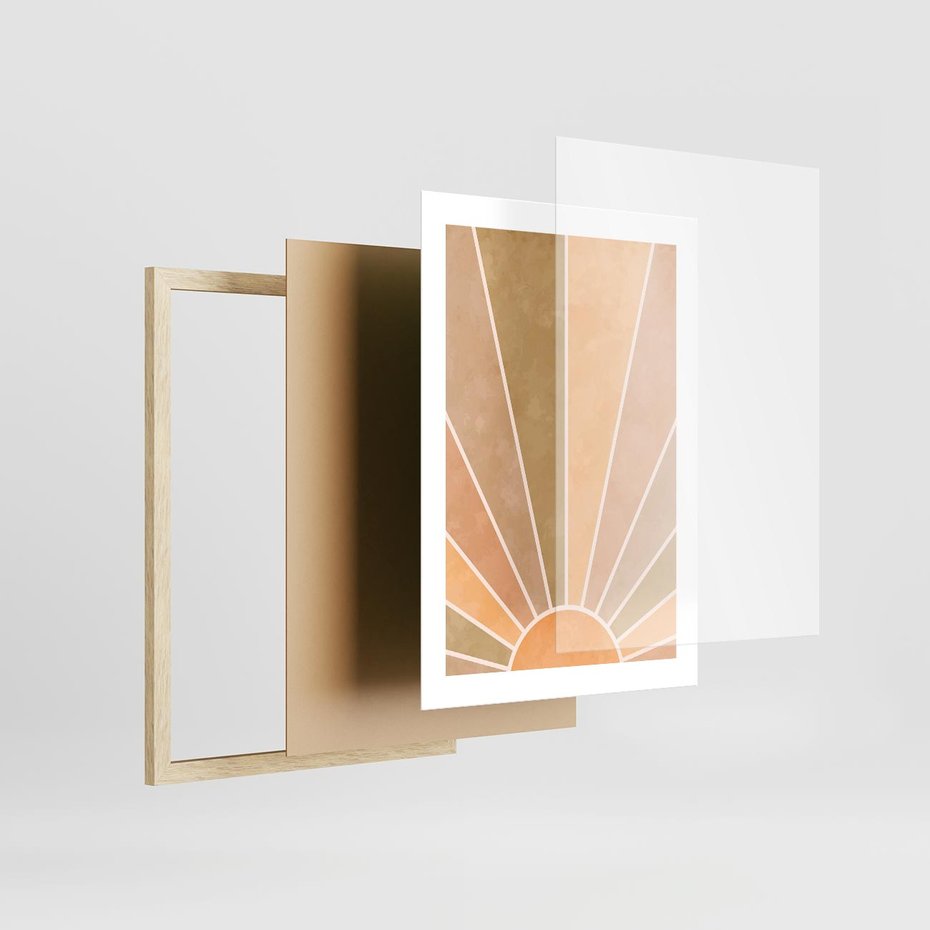 Plakat w ramie 30x40 - Grafika Boho w Odcieniach Pomarańczu - boho słońce, grafika - rama drewno