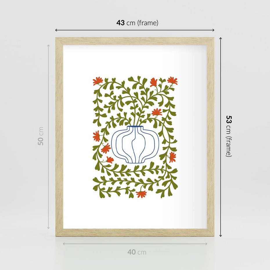 Plakat w ramie 40x50 - Wewnętrzne Fale - kwiaty w wazonie, minimalizm - rama drewno