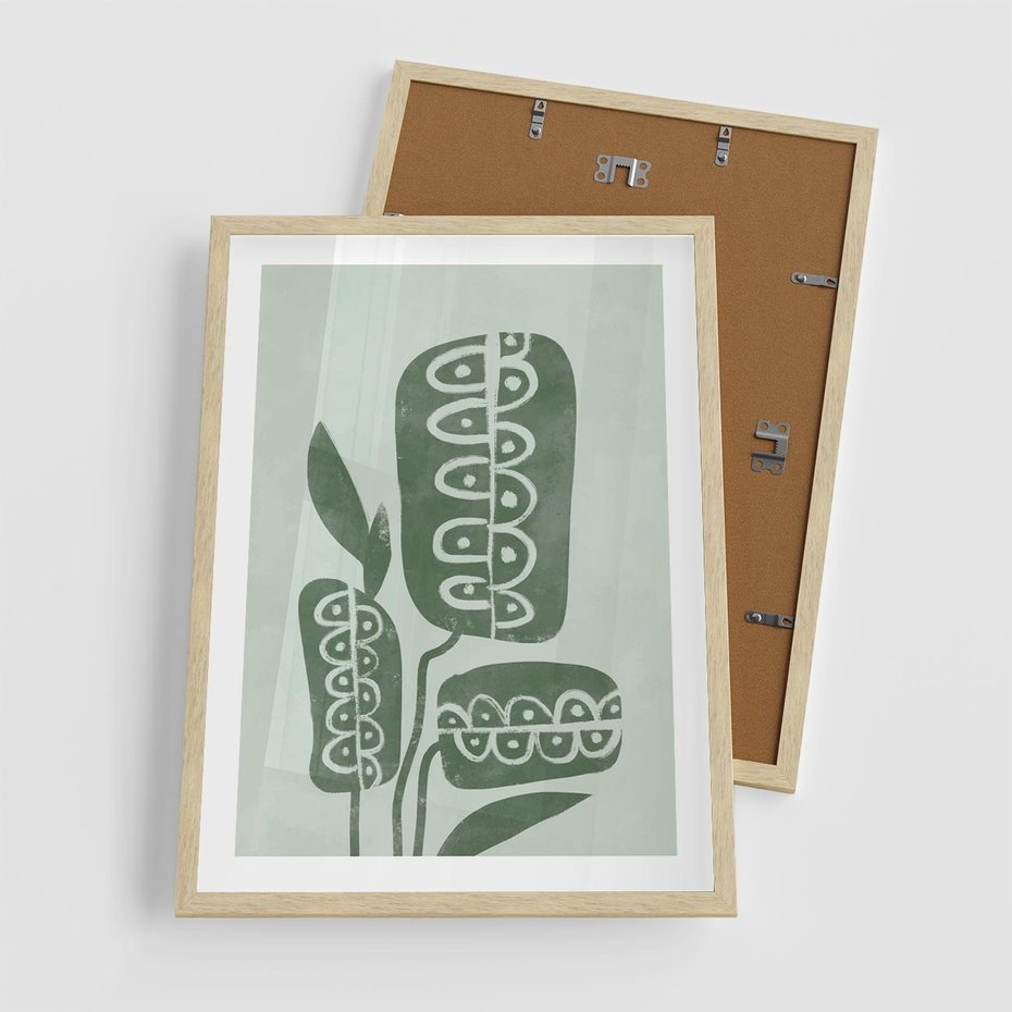 Plakat w ramie 50x70 - Nurtująca Zieleń - abstrakcyjny zielony motyw, skandynawski design - rama drewno