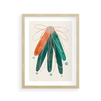 Plakat w ramie 40x50 - Energetyczna Harmonia Kwiatów - akwarelowe abstrakcyjne kształty, zieleń i pomarańcz - rama drewno