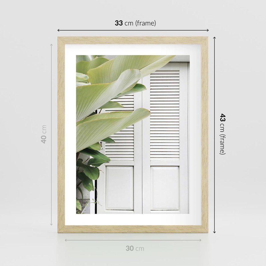 Plakat w ramie 30x40 - Tropikalne Okno - białe okiennice, zielona tropikalna roślina - rama drewno