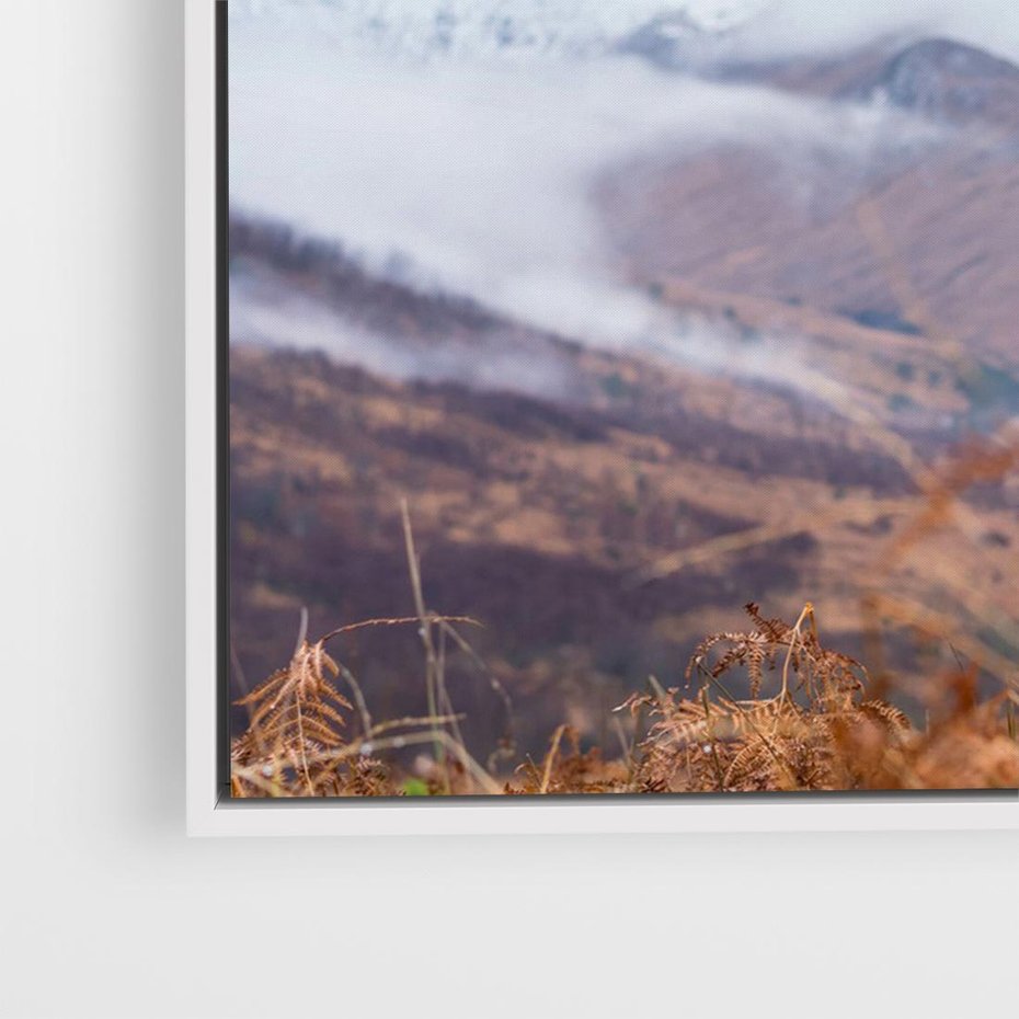 Obraz w ramie 70x50 - Jeleń w Uśpionym Krajobrazie - jeleń na tle gór, ośnieżone góry - rama biała