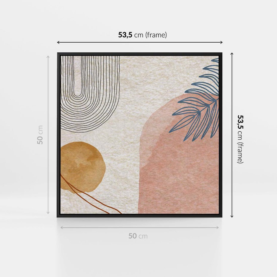 Obraz w ramie 50x50 - Liście i Geometrie - nowoczesny, akwarelowe plamy - rama czarna