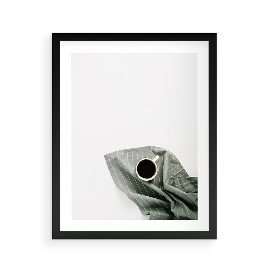 Plakat w ramie 40x50 - Poranek z Kawą - kawa, biała filiżanka - rama czarna