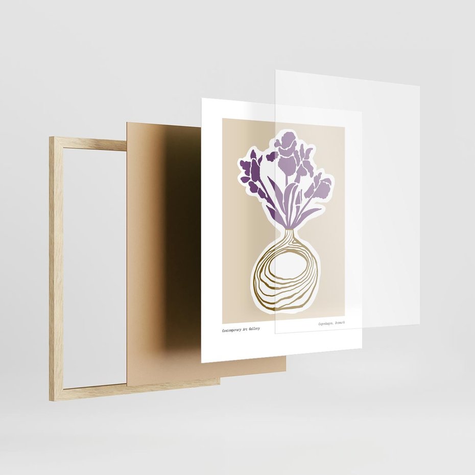 Plakat w ramie 40x50 - Migocące Anomalie - abstrakcyjne liście, kwiaty tropikalne w wazonie - rama drewno