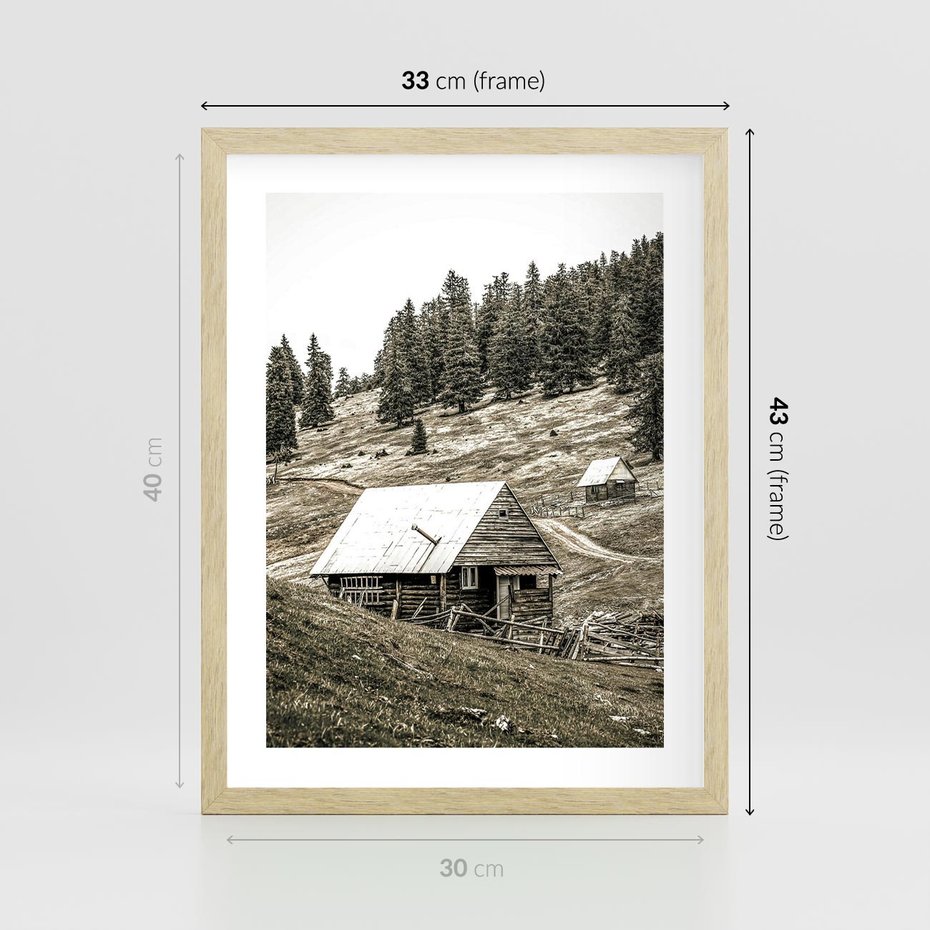Plakat w ramie 30x40 - Ustronne Chatki w Górach - rustykalne domki w górach, sepia - rama drewno