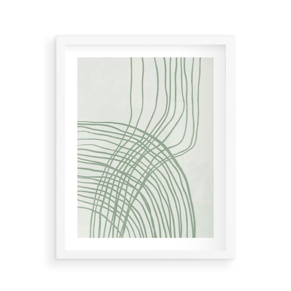 Plakat w ramie 40x50 - Migotliwa Spokojna Zieleń - zielony plakat, abstrakcyjne splątane linie - rama biała