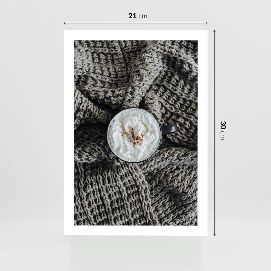 Plakat bez ramy 21x30 - Relaks z Kawą i Kocem - ciepły wełniany koc, kawa z bitą śmietaną