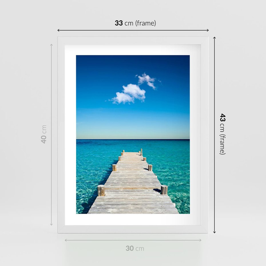 Plakat w ramie 30x40 - Letnie Morskie Uczucie - morze, pomost - rama biała