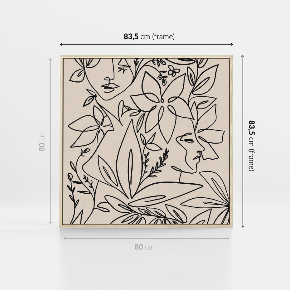 Obraz w ramie 80x80 - Kobiecy Portret Duszy - beżowe tło, czarny szkic nowoczesnych kwiatów - rama drewno