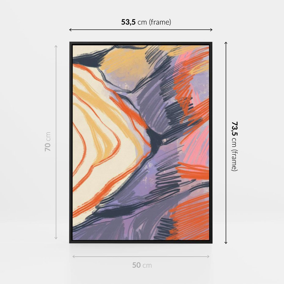 Obraz w ramie 50x70 - Pokreślony Świat - abstrakcyjne formy, odcienie pomarańczu i fioletu - rama czarna