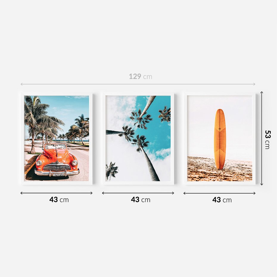 Zestaw obrazy w ramie 40x50 galeria - Plaża, surfing, garbus, morze, plaża - rama biała