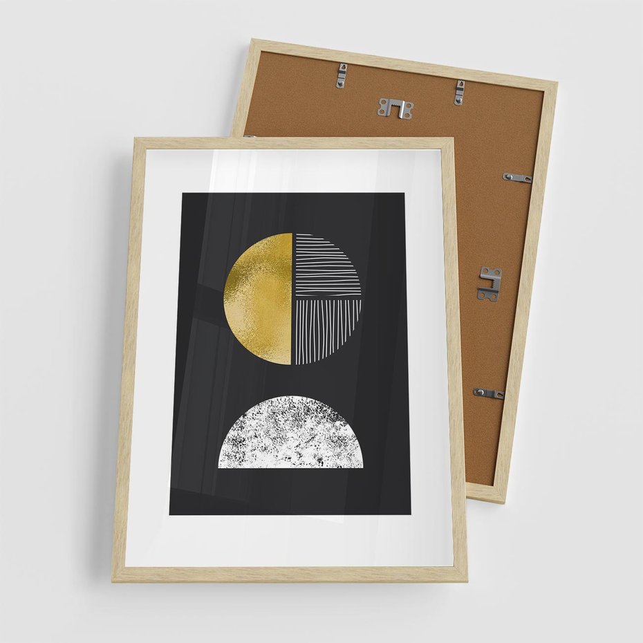 Plakat w ramie 50x70 - Złote Koła i Geometryczne Formy - grafika, modern - rama drewno
