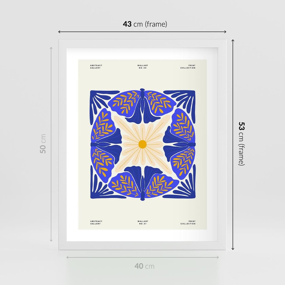 Plakat w ramie 40x50 - Księga Abstrakcji - abstrakcyjna boho kompozycja, granatowe ćmy - rama biała