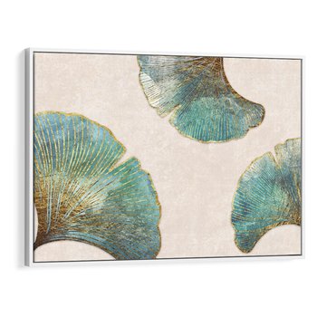 Obraz w ramie 70x50 - Złota Melodia Liści - złote, turkusowe liście miłorzębu - rama biała