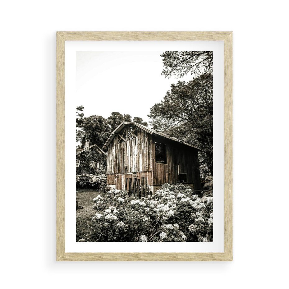 Plakat w ramie 50x70 - Oaza Uroku: Drewniana Chatka i Ogród - domek, ogród - rama drewno