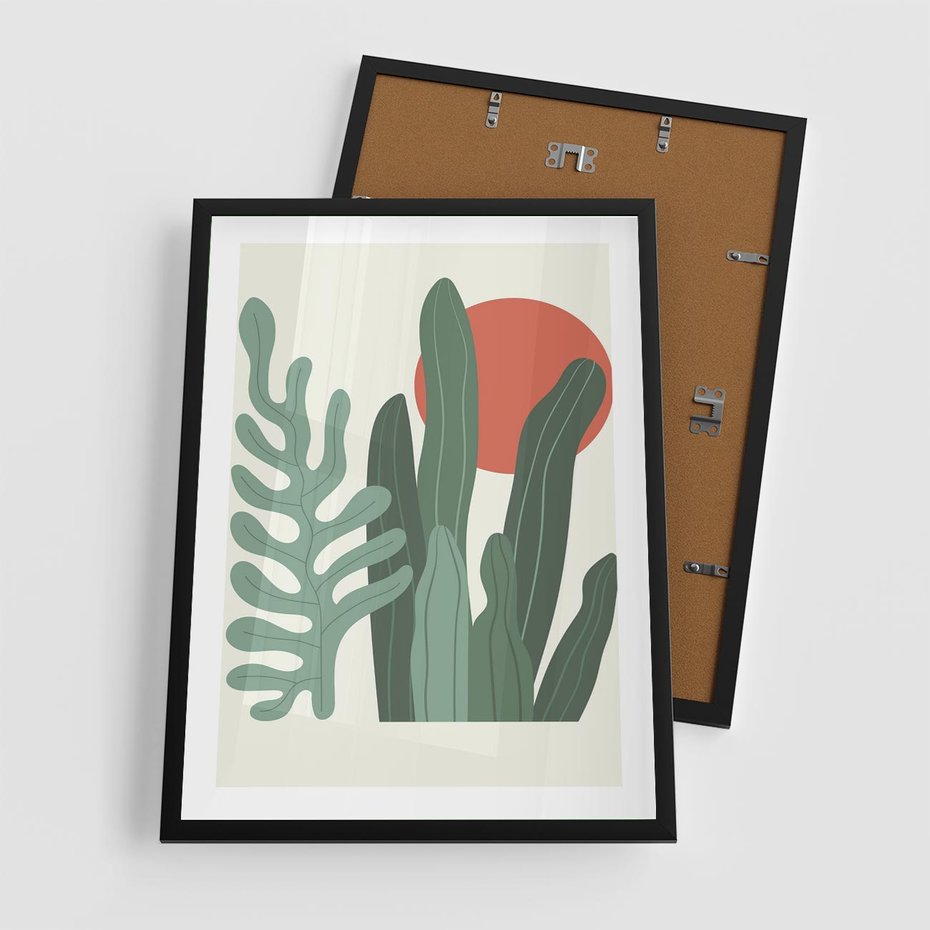 Plakat w ramie 50x70 - Graficzna Harmonia: Liście i Rośliny na Plakacie - liście, grafika - rama czarna