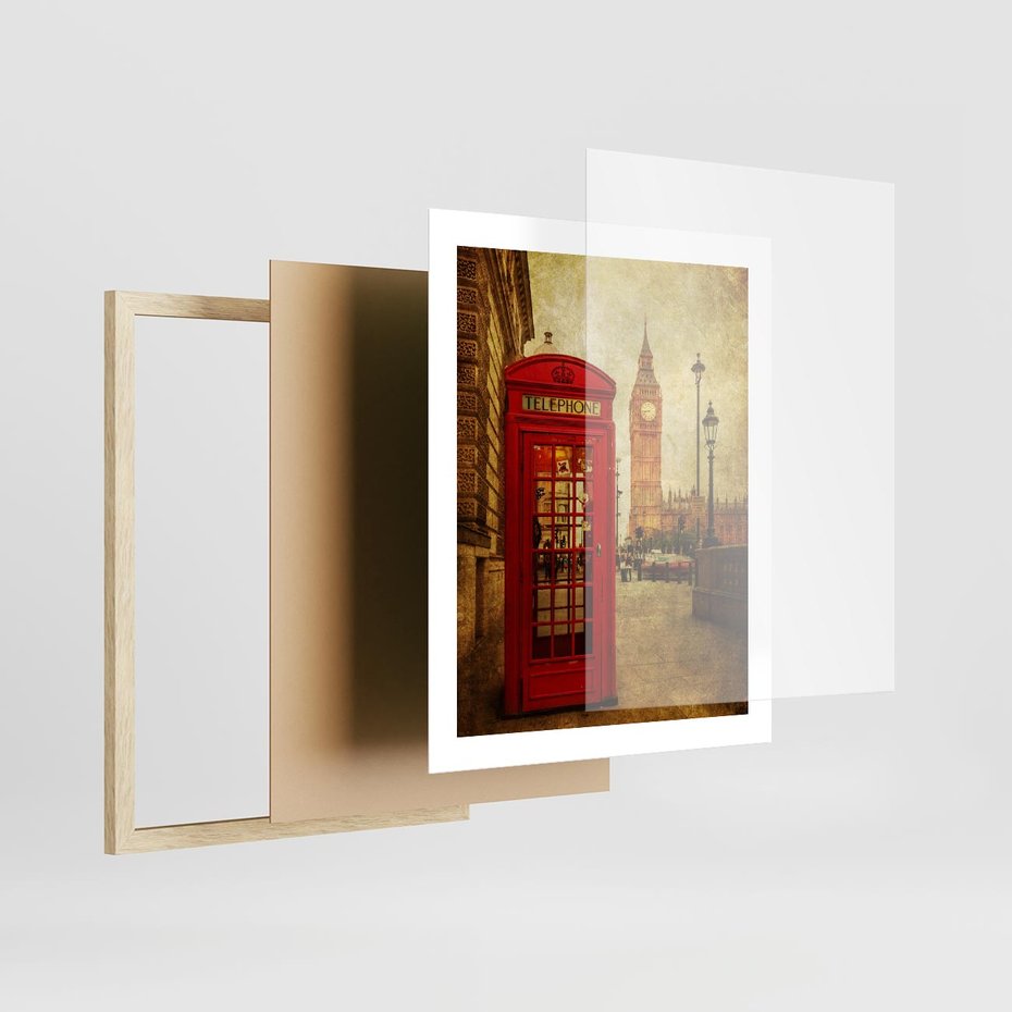 Plakat w ramie 40x50 - Ikoniczna budka telefoniczna w Londynie - sepia, budka - rama drewno