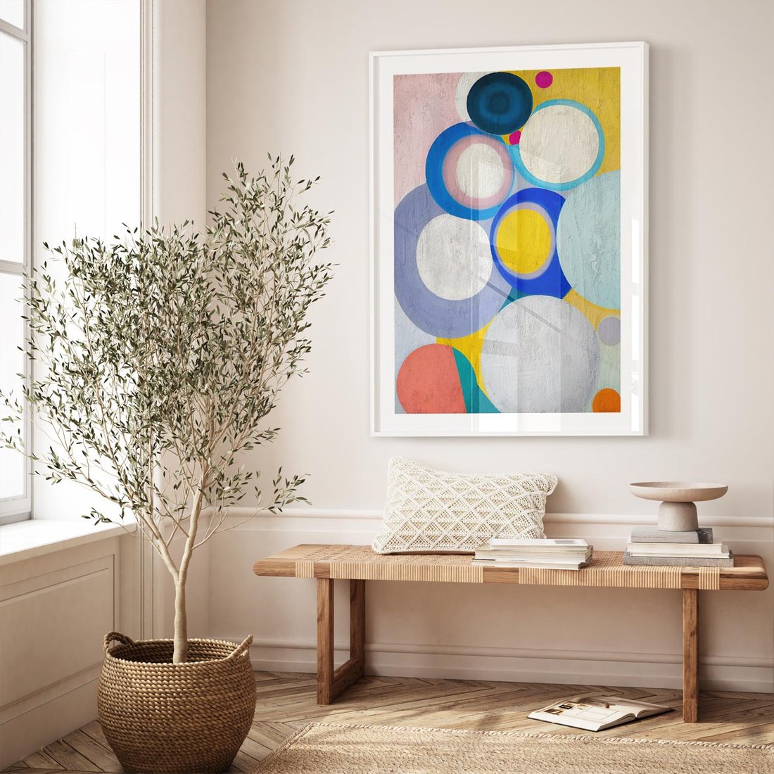 Plakat w ramie 30x40 - Rozkwitająca Symfonia Serca - abstrakcyjne geometryczne kształty, olejny obraz - rama biała