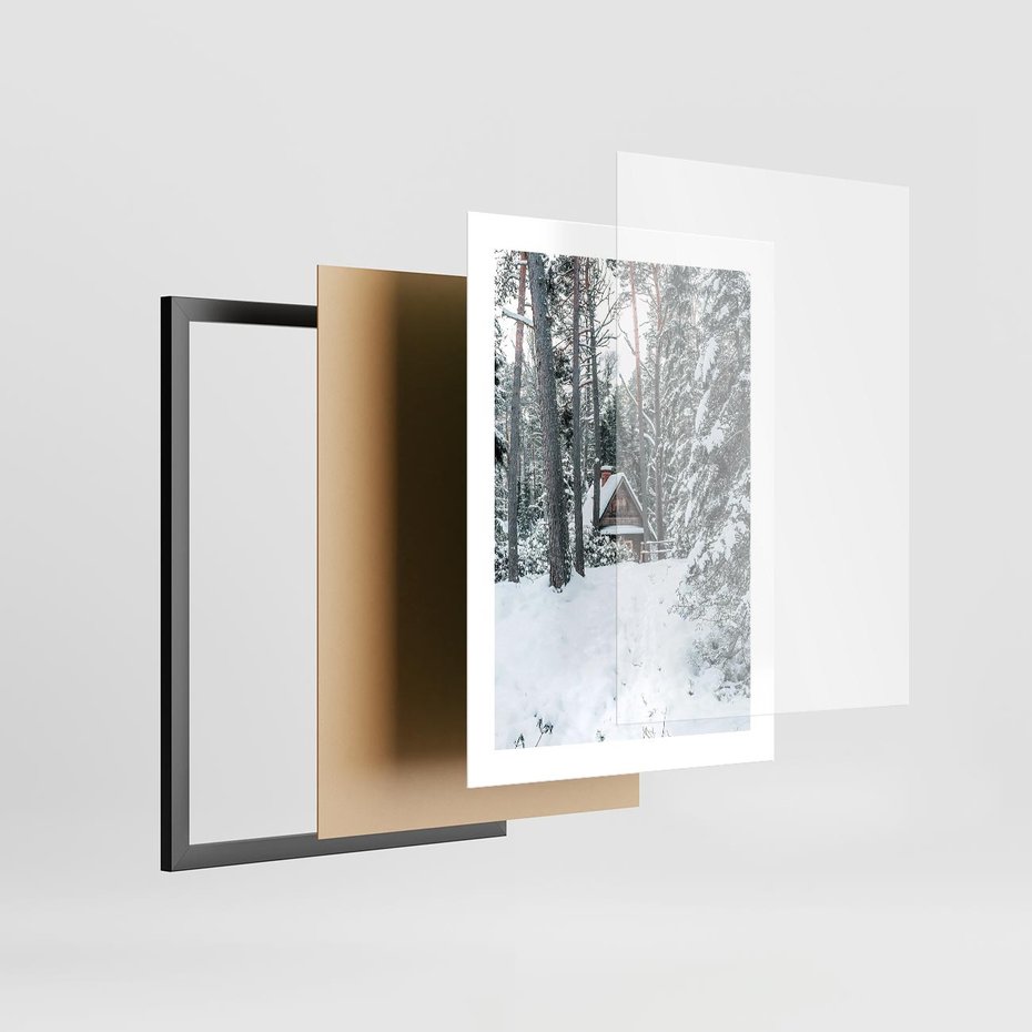 Plakat w ramie 30x40 - Spokój Zimowej Przygody w Lesie - domek w górach w lesie, zima - rama czarna