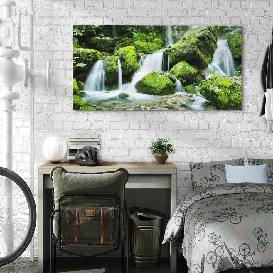 Obraz na płótnie 100x50 - Spokojny wodospad w lesie nad rzeką - wodospad, las