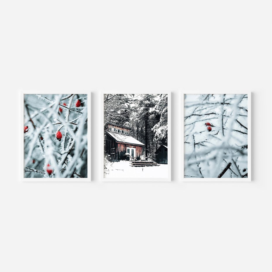 Zestaw obrazy w ramie 50x70 galeria - Zimowa, scenerai, domek, śnieg - rama biała