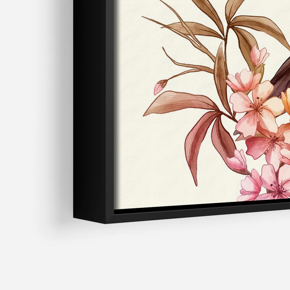 Obraz w ramie 50x50 - Kwiatowe Zanurzenie - japońska sztuka, ptak - rama czarna