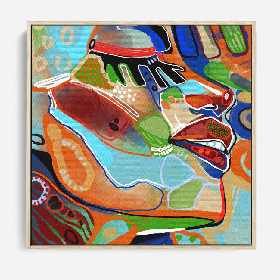 Obraz w ramie 80x80 - Kolorowe Wnętrza Kształtów - abstrakcyjny portret kobiety, twarz - rama drewno