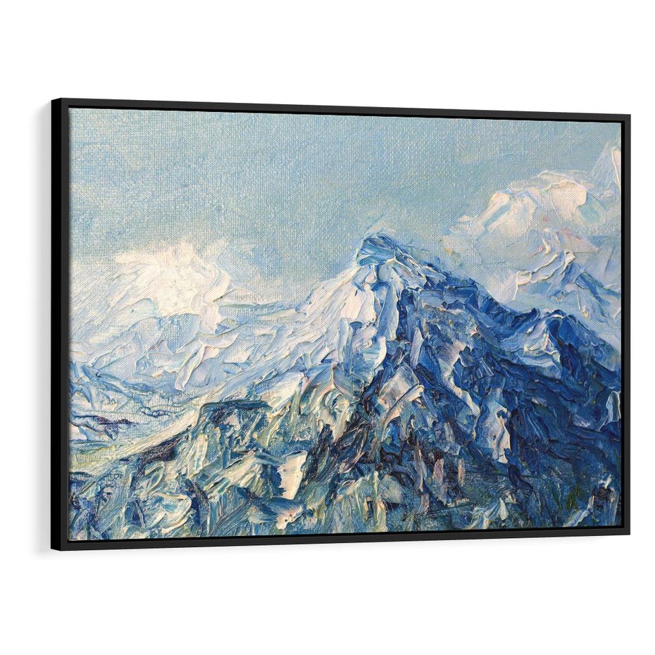 Obraz w ramie 100x70 - Majestat Błękitnych Szczytów - olejny obraz, górski pejzaż - rama czarna