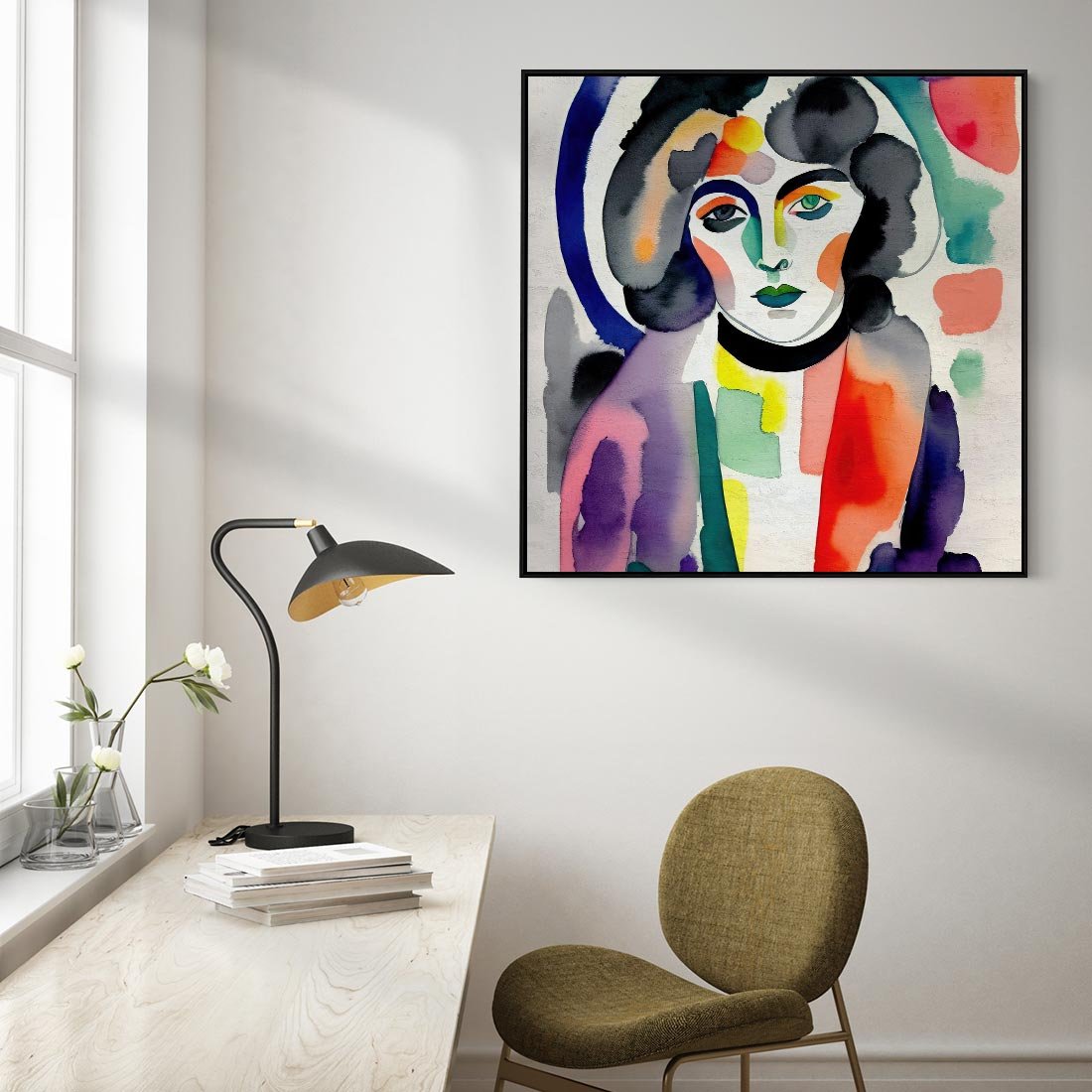 Obraz w ramie 50x50 - Subtelne Akwarelowe Ulotności - abstrakcyjny akwarelowy portret kobiety, rozmyte farby - rama czarna