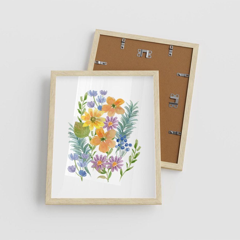 Plakat w ramie 40x50 - Migocące Widoki Kwiatów - akwarelowe polne kwiaty, minimalistyczny plakat - rama drewno