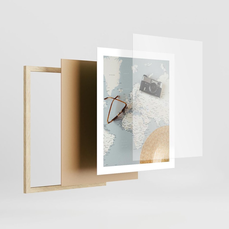 Plakat w ramie 40x50 - Świat w Kadrze - mapa, aparat - rama drewno