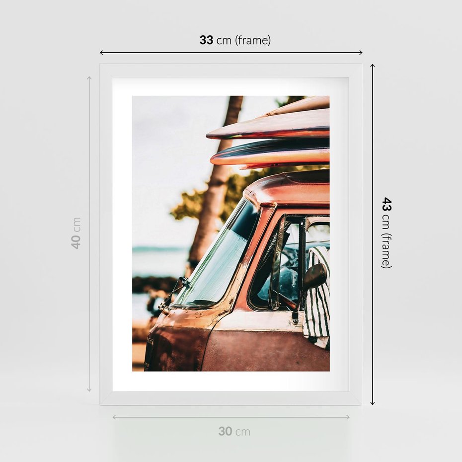 Plakat w ramie 30x40 - Surfingowa Wolność - samochód, stary van - rama biała