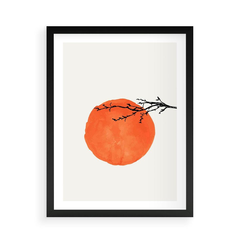Plakat w ramie 50x70 - Słońce i Gałązka - pomarańczowe słońce, gałązka - rama czarna