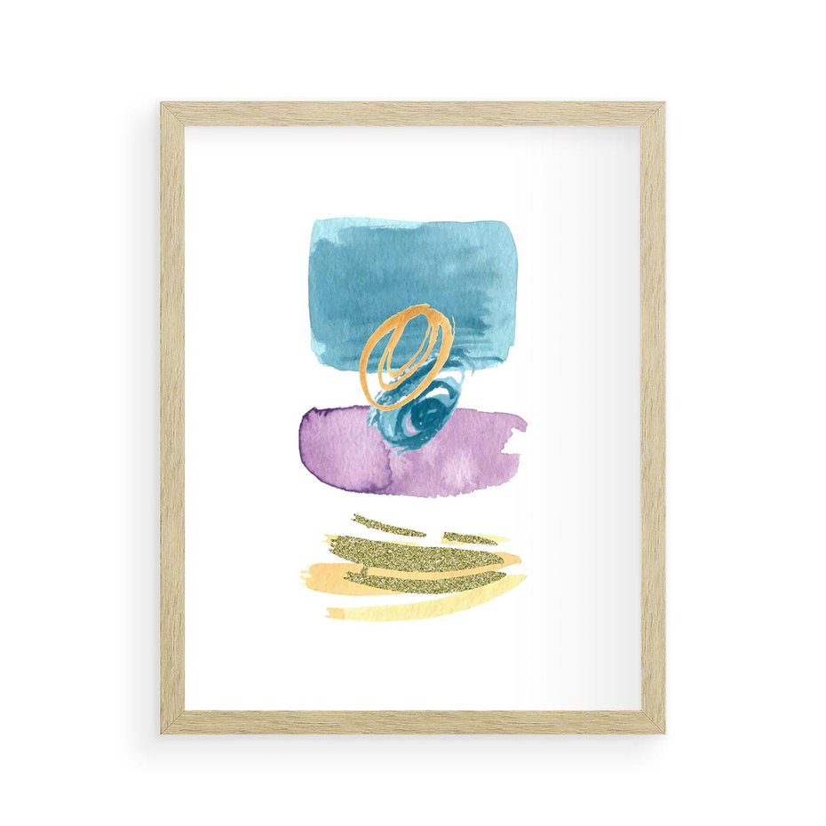 Plakat w ramie 40x50 - Taniec Akwarelowych Kresek - akwarelowe plamy w odcieniach błękitu, złote kreski - rama drewno