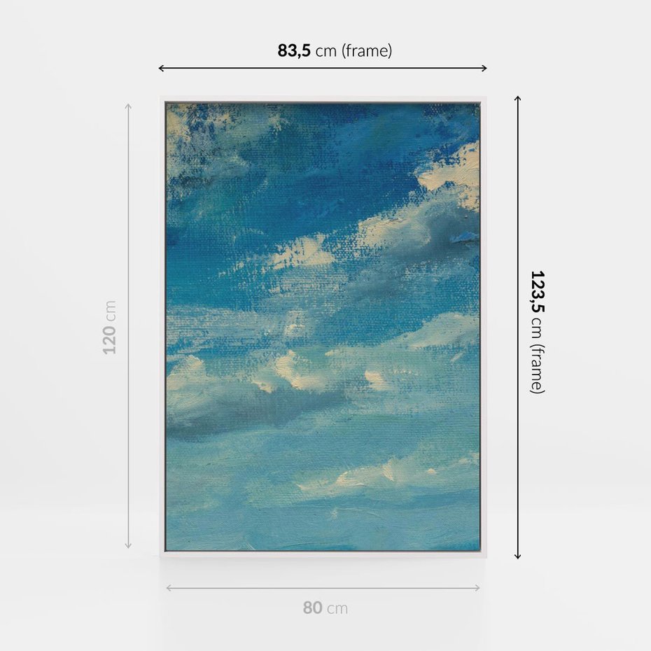 Obraz w ramie 80x120 - Oddechy niebiańskiej materii - olejny obraz, smugi farby przypominają obłoki na błękitnym niebie - rama biała