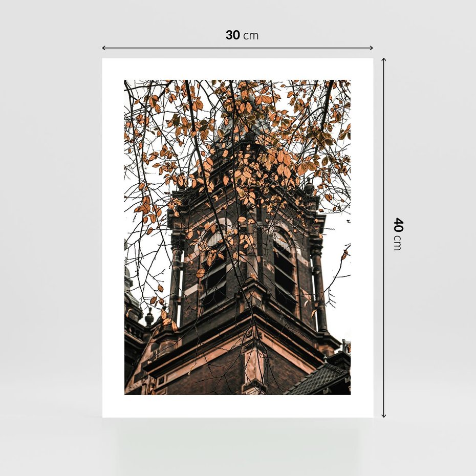 Plakat bez ramy 30x40 - Jesienna Wieża w Liściach - architektura, wieża