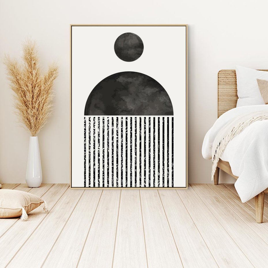 Obraz w ramie 50x70 - Księga Wibracji - abstrakcyjne czarno białe formy, minmalizm - rama drewno