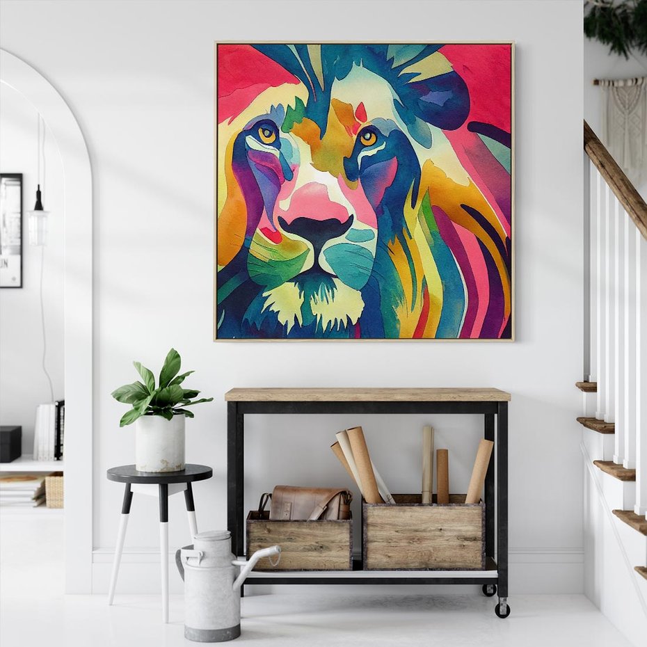 Obraz w ramie 50x50 - Tęczowy Lew - akwarela, tęczowy lew - rama drewno