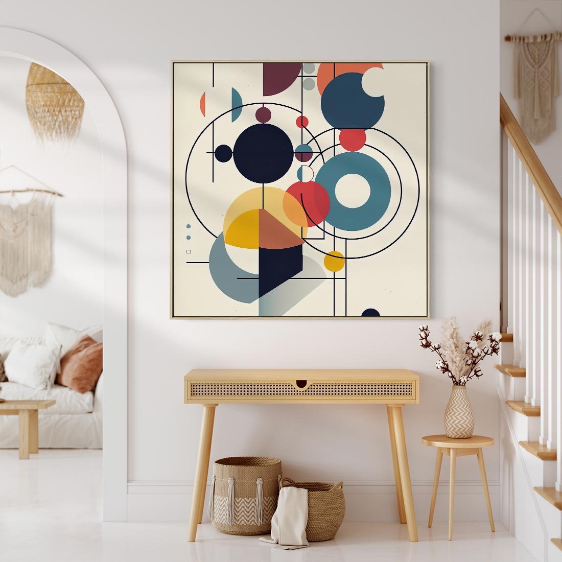 Obraz w ramie 50x50 - Rozbijające Barwne Granice - abstrakcyjna geometryczna kompozycja, koła linie - rama drewno