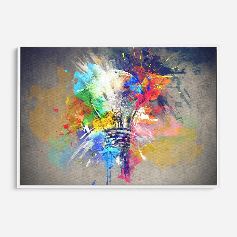 Obraz w ramie 70x50 - Kolory Kreatywnej Koncepcji - abstrakcyjna grafika, szkic żarówki - rama biała
